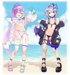  2girls absurdres amane_kanata amane_kanata_(6th_costume) angel angel_wings armpit_crease bandaid bandaid_on_leg beach belt bikini black_bikini black_footwear black_jacket blue_hair blue_nails blush breasts buket_pudding_i choker coat collarbone commentary demon_tail demon_wings fangs fishnet_thighhighs fishnets flat_chest full_body garter_belt garter_straps gloves goggles goggles_on_head green_eyes green_gloves grey_hair hair_between_eyes hair_ornament hairclip halo heart heart_tattoo highres holding holding_megaphone hololive jacket jacket_partially_removed long_hair looking_at_viewer medium_breasts megaphone multicolored_hair multicolored_nails multiple_girls nail_polish navel navel_piercing off_shoulder open_mouth piercing pink_hair ponytail purple_eyes purple_hair purple_nails sand see-through see-through_sleeves short_hair_with_long_locks shrug_(clothing) smile snap-fit_buckle star_halo stomach streaked_hair swimsuit tail tattoo teeth thigh_strap thighhighs tokoyami_towa tokoyami_towa_(5th_costume) two-sided_gloves two-tone_hair underboob upper_teeth_only v very_long_hair virtual_youtuber water white_belt white_bikini white_gloves white_hair winged_heart_tattoo wings x_hair_ornament 
