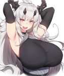  1girl absurdres arknights armpits arms_up black_dress black_gloves blush breasts commentary dress elbow_gloves gloves grey_hair highres horns huge_breasts long_hair looking_at_viewer matoimaru_(arknights) oni_horns open_mouth red_eyes rikuguma sidelocks simple_background sleeveless smile solo taut_clothes teeth thick_eyebrows topknot upper_body upper_teeth_only white_background 