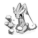  1:1 3_fingers advos ambiguous_gender anthro buneary digital_media_(artwork) duo feet fingers fur generation_4_pokemon looking_down looking_up lopunny mammal monochrome nintendo pokemon pokemon_(species) reaching reaching_up rear_view simple_background sitting size_difference smile standing tail white_background 