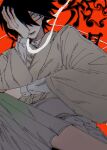  0911hy 1boy black_hair closed_mouth commentary_request dutch_angle from_below glasses grey_eyes grey_kimono hair_over_one_eye hand_on_own_face highres itoshiki_nozomu japanese_clothes kimono long_sleeves male_focus noose red_background rope_around_neck sayonara_zetsubou_sensei short_hair simple_background solo white_background 