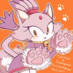  1girl animal_ears animal_hands bell blaze_the_cat blush cat_ears cat_girl cat_paws cat_tail claws eyelashes forehead_jewel furry furry_female gloves highres jacket machimo129 neck_bell open_mouth pants paw_gloves paw_pose paw_print ponytail purple_fur purple_jacket sonic_(series) tail white_pants yellow_eyes 