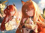  2girls :/ absurdres animal_ears arknights azhenhgu black_choker black_one-piece_swimsuit breasts ceobe_(arknights) ceobe_(summer_flowers)_(arknights) chinese_commentary choker cleavage closed_mouth day demon_horns detached_sleeves dog_ears fang fang_out fingernails hair_between_eyes hair_ornament hair_rings highres holding_ice_cream horns lens_flare lips long_hair looking_at_viewer medium_breasts multiple_girls official_alternate_costume one-piece_swimsuit orange_hair palm_leaf partially_submerged purple_eyes red_hair sky star_(symbol) star_hair_ornament surtr_(arknights) surtr_(colorful_wonderland)_(arknights) swimsuit swimsuit_cover-up very_long_hair water white_sleeves 