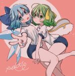  2girls absurdres blue_bloomers blue_bow blue_eyes blue_hair blue_nails bow cirno daiyousei fairy_wings green_eyes green_hair gym_uniform hair_bow highres ice ice_wings looking_at_another looking_at_viewer multiple_girls salt_(seasoning) shirt short_hair touhou v white_shirt wings 