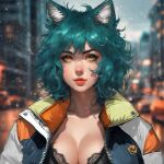  animal_ears black_bra blurry blurry_background bra breasts cat_ears cleavage coat curly_hair girl_dm green_hair jacket lace_trim looking_at_viewer medium_breasts non-web_source open_clothes open_jacket parted_lips red_lips road short_hair snowing street underwear virtual_youtuber winter winter_clothes winter_coat yellow_eyes zipper 