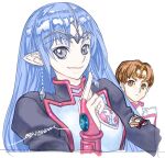  1boy 1girl artist_name black_bodysuit blue_hair blue_jacket bodysuit brown_eyes brown_hair earrings grey_eyes hair_behind_ear headband highres jacket jewelry jinto lafiel leaning_to_the_side looking_at_viewer parted_bangs pilot_suit pointing pointing_up pointy_ears portrait seikai_no_senki simple_background smile white_background yonemura_kouichirou 