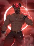 abs anjing_kampuss anthro belt belt_buckle blood blood_moon bodily_fluids brown_body brown_fur clenched_teeth clothing eclipse fur golden_belt_buckle grin hair hi_res hyena inner_ear_fluff jewelry legwear male mammal mohawk muscular muscular_anthro muscular_male necklace nosebleed red_eyes red_hair shirtless smile solo teeth tuft underwear white_clothing white_underwear wristband yellow_sclera 