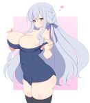  1girl areola_slip assault_lily bare_arms bare_shoulders black_thighhighs blue_one-piece_swimsuit blunt_bangs blush border braid breasts collarbone commentary_request covered_nipples cowboy_shot grey_hair hair_ribbon hands_up heart highres kon_kanaho large_breasts long_hair looking_at_viewer misaki_naoe one-piece_swimsuit outside_border parted_lips pink_background pulled_by_self purple_ribbon raised_eyebrows ribbon school_swimsuit side_braid simple_background solo standing strap_pull sweat swimsuit thighhighs very_long_hair white_border yellow_eyes 