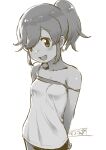  1girl bare_arms bare_shoulders blush breasts collarbone highres kemono_friends looking_at_viewer masuyama_ryou medium_hair monochrome nana_(kemono_friends) open_mouth ponytail shirt short_hair small_breasts smile solo spaghetti_strap strap_slip tank_top 