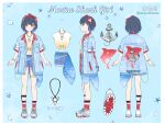  1girl anchor anchor_print black_hair blue_hair bracelet breast_pocket buttons closed_mouth coat commentary_request denim denim_shorts fish from_behind from_side full_body hairband highres jewelry looking_at_viewer marine_shark_girl_(project_sekai) midriff multiple_views navel necklace nei_(aduma1120ponpon) open_clothes open_coat pocket project_sekai shark shell shiraishi_an short_hair short_sleeves shorts smile socks standing translation_request turnaround twitter_username yellow_eyes 