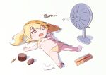  1girl barefoot blonde_hair chibi clothes_lift commentary_request d: electric_fan empty_eyes hair_between_eyes hair_spread_out half-closed_eyes hot liquid-in-glass_thermometer long_hair lying motion_lines nakatsu_shizuru no_eyepatch on_back open_mouth orange_panties orange_shirt panties rewrite shirt shirt_lift sidelighting simple_background socks socks_removed solo sound_effects stomach tagame_(tagamecat) thermometer twintails underwear white_background white_socks x_navel 