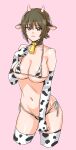  1girl absurdres animal_ears animal_print bell bikini breasts brown_eyes brown_hair cleavage cow_ears cow_horns cow_print cowbell elbow_gloves fake_animal_ears fake_horns girls_und_panzer gloves highres horns kuppipi_ramutarou large_areolae large_breasts looking_at_viewer micro_bikini navel neck_bell nishizumi_maho open_mouth pink_background print_bikini print_thighhighs short_hair side-tie_bikini_bottom simple_background smile solo swimsuit thighhighs 