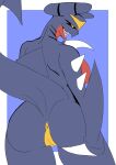  absurd_res anthro anus blue_background blue_body breasts butt female garchomp generation_4_pokemon genitals hi_res killer._ez looking_at_viewer nintendo open_mouth pokemon pokemon_(species) pokemorph pussy sharp_teeth simple_background solo tail teeth yellow_body yellow_eyes 