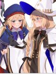  2girls absurdres artoria_caster_(fate) artoria_caster_(second_ascension)_(fate) artoria_pendragon_(fate) beret black_dress black_gloves blonde_hair blue_cape blue_eyes blue_headwear blush bow bowtie braid breasts brooch cape cloak dress fate/grand_order fate_(series) glasses gloves gold_trim green_eyes hat highres holding holding_staff hood hooded_cape jewelry long_hair long_sleeves medium_breasts multicolored_cape multicolored_clothes multiple_girls pout red_cape round_eyewear side_ponytail small_breasts staff tonelico_(fate) twintails two-tone_dress uxco0 white_cloak white_dress white_headwear wide_sleeves witch_hat 