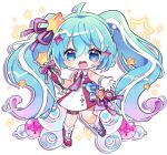  1girl aqua_hair belt blue_eyes blue_hair blue_ribbon chibi collared_dress dress gloves gradient_hair hair_ornament hatsune_miku headset heart holding holding_wand long_hair magical_mirai_(vocaloid) magical_mirai_miku magical_mirai_miku_(2022) multicolored_hair necktie okamori_kuo open_mouth pink_dress pink_gloves pink_necktie pink_ribbon red_footwear ribbon rocket_ship simple_background sleeveless sleeveless_dress smile solo spacecraft star_(symbol) star_hair_ornament star_wand streaked_hair thigh_strap twintails two-tone_gloves two-tone_necktie two-tone_ribbon vocaloid wand white_background white_dress white_gloves 