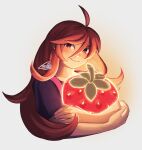  1other brown_hair celeste_(video_game) food fruit highres holding light madeline_(celeste) purple_shirt seirette shirt smile strawberry 