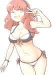  1girl akara_kai bikini blunt_bangs bracelet breasts cleavage cowboy_shot de_ruyter_(kancolle) front-tie_bikini_top front-tie_top highres jewelry kantai_collection long_hair medium_breasts mismatched_bikini one_eye_closed orange_eyes red_hair side-tie_bikini_bottom simple_background solo swimsuit thigh_gap two-tone_bikini v_over_eye wavy_hair white_background 