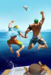  2boys absurdres alternate_costume antlers arm_up bandana bandana_around_arm bara black_bandana blonde_hair blue_shirt bucket_hat camouflage_swimsuit clenched_hand earrings facing_away from_behind green_hair hat hat_loss highres holding_hands jewelry jumping leg_hair male_focus male_swimwear multiple_boys muscular muscular_male ocean one_piece open_clothes open_shirt outdoors roronoa_zoro sanji_(one_piece) shirt short_hair sweetdou3 swim_trunks tony_tony_chopper yaoi 