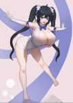  1girl absurdres bare_legs black_hair blue_eyes breasts cleavage dress dungeon_ni_deai_wo_motomeru_no_wa_machigatteiru_darou_ka full_body gloves hestia_(danmachi) highres huge_breasts long_hair microdress open_mouth pockyland rei_no_himo simple_background smile solo standing standing_on_one_leg twintails very_long_hair white_dress white_gloves 