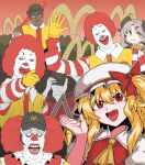  2girls 5boys ahoge ascot blonde_hair blue_archive blush brown_eyes burger closed_mouth collared_shirt eating fang flandre_scarlet food food_on_face formicid frilled_shirt_collar frills hair_ornament hairclip hat highres holding holding_food horns it_(stephen_king) izumi_(blue_archive) light_brown_hair long_hair mcdonald&#039;s mob_cap multiple_boys multiple_girls one_side_up open_mouth pennywise pointing pointy_ears red_eyes red_vest ronald_mcdonald shirt short_sleeves smile touhou twintails vest white_headwear white_shirt wojak yellow_ascot 