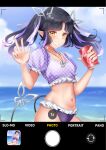  1girl absurdres alternate_costume beach bikini bikini_bottom_only black_hair blue_sky blurry blurry_background blush breasts can cloud cola commentary_request cowboy_shot crop_top day demon_girl demon_horns demon_tail earrings fake_phone_screenshot fake_screenshot frilled_bikini frilled_shirt frills grin highres holding holding_can horizon horns jewelry kojo_anna long_hair looking_at_viewer medium_bangs midriff multicolored_hair nanashi_inc. navel necklace ocean outdoors parted_bangs pointy_ears polka_dot polka_dot_shirt puffy_short_sleeves puffy_sleeves purple_hair purple_shirt robou_no_stone shirt short_sleeves sky small_breasts smile solo swimsuit tail twintails two-tone_hair viewfinder virtual_youtuber w water yellow_eyes 