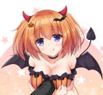  1girl :q alternate_costume animal_ears arm_between_breasts arm_under_breasts armpit_crease bare_shoulders bat_hair_ornament between_breasts black_choker blush bra breasts cafe_stella_to_shinigami_no_chou choker cleavage closed_mouth collarbone commentary crossed_arms demon_horns demon_tail demon_wings double-parted_bangs eyelashes eyes_visible_through_hair fake_animal_ears fake_horns fake_tail food-themed_hair_ornament frilled_bra frills hair_between_eyes hair_ornament halloween horns igarashi_kenji large_breasts looking_at_viewer medium_hair orange_bra orange_hair pink_background pov pumpkin_hair_ornament purple_eyes seductive_smile simple_background smile solo sparkle star_(symbol) straight-on sumizome_nozomi tail tongue tongue_out twintails underwear upper_body white_background wings 