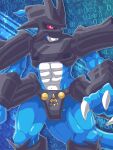  abs absurd_res anthro athletic athletic_anthro athletic_male bandai_namco blue_body claws digimon digimon_(species) hi_res magnamon magnamon_(black) male red_eyes scalie solo 