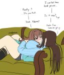  2girls absurdres aozaki_aoko between_breasts between_legs blush breasts couch couple english_text futanari highres kumari_kojika long_hair looking_at_another lying_on_person mahou_tsukai_no_yoru multiple_girls non-web_source on_couch panties sitting sweat thighhighs thighs underwear wiredprincess yuri 