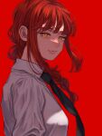  1girl absurdres bags_under_eyes black_necktie braid chainsaw_man closed_mouth collared_shirt eyebrows_hidden_by_hair eyelashes highres long_hair makima_(chainsaw_man) necktie norimaki_(seidan0611) red_background red_hair red_theme ringed_eyes shirt sidelocks simple_background smile solo upper_body white_shirt yellow_eyes 