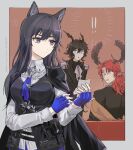  ! 1girl 2boys ? animal_ear_fluff animal_ears antlers arknights ascot belt black_hair black_jacket black_suit black_vest blue_gloves blue_necktie border breasts brooch collared_shirt commentary_request couch czerny_(arknights) deer_antlers deer_boy deer_ears ebenholz_(arknights) epaulettes fingerless_gloves formal gloves goat_boy goat_ears goat_horns grey_ascot highres holding holding_paper horns jacket jacket_on_shoulders jewelry long_hair long_sleeves looking_at_another looking_at_viewer medium_breasts monocle multiple_boys necktie noshima open_mouth orange_background paper parted_lips ponytail purple_eyes red_hair shirt short_hair simple_background spoken_question_mark suit surprised texas_(arknights) texas_the_omertosa_(arknights) translation_request upper_body vest white_shirt wolf_brooch wolf_ears wolf_girl 