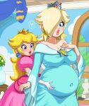  ! 2girls blonde_hair blue_eyes blush breasts cleavage covered_navel cowboy_shot crown fingernails gloves hair_over_one_eye hard-degenerate height_difference highres hug hug_from_behind indoors lips mario_(series) multiple_girls nail_polish parted_lips pregnant princess_peach rosalina smile spoken_exclamation_mark white_gloves window 