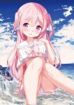  1girl :d arm_support bikini blue_sky blush bow chinomaron cloud cloudy_sky commentary_request day feet_out_of_frame frilled_sailor_collar frills hair_between_eyes hair_bow hand_up head_tilt highres horizon knees_together_feet_apart knees_up long_hair looking_at_viewer ocean original outdoors pink_bow pink_hair purple_eyes sailor_collar sky smile solo swimsuit two_side_up very_long_hair water white_bikini white_bow white_sailor_collar 