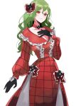  1girl absurdres alternate_costume black_flower black_gloves bow breasts choker cleavage cowboy_shot dress dress_bow flower frilled_dress frills gloves green_hair hair_bow hand_on_own_chest highres kazami_yuuka long_dress long_hair looking_at_viewer red_choker red_dress red_eyes solo tohoyuukarin touhou white_background 