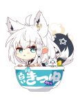  1girl 7:08 absurdres ahoge animal_ear_fluff animal_ears blue_neckerchief bowl braid chibi commentary_request earrings extra_ears fox_ears fox_girl fox_tail green_eyes hair_between_eyes highres hololive hood hoodie in_bowl in_container jewelry long_hair looking_at_viewer neckerchief pentagram shirakami_fubuki shirakami_fubuki_(1st_costume) sidelocks simple_background single_braid sukonbu_(shirakami_fubuki) tail triangle_mouth virtual_youtuber white_background white_hair white_hoodie 