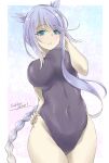  1girl alternate_costume artist_name black_one-piece_swimsuit blue_eyes blush braid breasts competition_swimsuit covered_navel cowboy_shot dated gakky gradient_background grey_hair hair_flaps highres kantai_collection large_breasts long_hair mole mole_under_eye one-hour_drawing_challenge one-piece_swimsuit single_braid swimsuit umikaze_(kancolle) umikaze_kai_ni_(kancolle) 