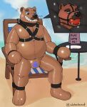  alebehemut anthro ball_gag bdsm beach beach_chair bear blue_eyes bondage bound brown_body brown_fur chair clothing collar cuff_(restraint) fur furniture gag harness hi_res latex leather leather_cuffs leather_harness leather_strap lock_symbol magic_wand male mammal null_bulge on_chair overweight overweight_anthro overweight_male pool_toy restraints rubber rubber_clothing rubber_suit seaside sitting sitting_on_chair solo table ursine 