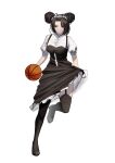  1girl absurdres agent_(girls&#039;_frontline) ball basketball_(object) black_dress black_eyes black_footwear black_hair black_thighhighs closed_mouth clothes_lift commentary commission double_bun dress dress_lift dribbling_(basketball) english_commentary erlisa_takanashi garter_belt girls&#039;_frontline hair_bun highres holding holding_ball puffy_short_sleeves puffy_sleeves short_sleeves simple_background skindentation solo standing standing_on_one_leg thighhighs white_background 