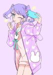  1girl animal_earrings animal_print cellphone commentary_request earrings gradient_scrunchie grey_eyes hair_ornament hair_scrunchie hibari_mitsuru highres holding holding_phone jewelry naoi_mai official_art one_eye_closed pajamas phone purple_hair purple_pajamas rabbit_earrings rabbit_print scrunchie selfie short_hair smartphone star_(symbol) tongue tongue_out twintails yuri_de_naru_esupowaru 