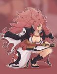  1girl absurdres amputee baiken big_hair black_jacket black_kimono breasts cleavage eyepatch facial_tattoo guilty_gear guilty_gear_strive highres jacket jacket_on_shoulders japanese_clothes kataginu kimono large_breasts long_hair looking_at_viewer multicolored_clothes multicolored_kimono one-eyed open_clothes open_kimono ponytail red_eyes red_hair samurai sandals scar scar_across_eye smgold tattoo white_kimono 