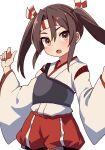  1girl alternate_hairstyle brown_eyes brown_hair commission hachimaki hakama hakama_shorts headband highres japanese_clothes kantai_collection kv-san looking_at_viewer muneate red_shorts shorts simple_background solo striped_headband w_arms white_background wide_sleeves zuihou_(kancolle) 