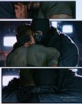  2boys bara black_gloves black_hair black_jacket call_of_duty call_of_duty:_modern_warfare_2 clenched_teeth closed_eyes couple facepaint ghost_(modern_warfare_2) gloves green_shirt highres hug jacket large_pectorals male_focus mask multiple_boys muscular muscular_male pectorals shirt short_hair skull_mask soap_(modern_warfare_2) teeth twitter_username umikochannart yaoi 