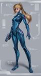  1girl blonde_hair blue_bodysuit blue_eyes bodysuit breasts closed_mouth commentary expressionless full_body grey_background high_ponytail highres holding holding_weapon imdrunkontea lips long_hair metroid mole mole_under_mouth paralyzer ponytail redesign samus_aran simple_background skin_tight small_breasts solo standing turtleneck weapon zero_suit 