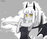 1girl :c annoyed bare_shoulders black_dress colored_skin crossed_arms demon_horns dragon_girl dragon_tail dragon_wings dress fanged_bangs highres horns long_hair looking_at_viewer off_shoulder original self-upload short_eyebrows slit_pupils solo stretching tail thedarkenjoyer upper_body white_hair white_skin wings yellow_eyes 