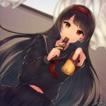  1girl black_hair black_serafuku black_shirt black_skirt candy chocolate chocolate_bar copyright_name curtains dairoku_ryouhei day dutch_angle eating food gome_(tw6) hairband heterochromia indoors kiryu_reina long_hair midriff_peek neckerchief red_eyes red_hairband red_neckerchief school_uniform serafuku shirt skirt solo very_long_hair window yellow_eyes 