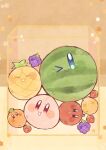  &gt;_o :d :i :o ^_^ apple blue_eyes brown_background closed_eyes closed_mouth commentary_request food foodification fruit grapes guarani_(muku_6930) happy highres kirby kirby_(series) looking_at_viewer no_humans one_eye_closed open_mouth orange_(fruit) peach pineapple simple_background smile star_(symbol) strawberry suika_game v-shaped_eyebrows watermelon wide-eyed yellow_background 