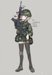  1girl absurdres bandaid bandaid_on_face bandaid_on_nose black_thighhighs blue_eyes camouflage finger_on_trigger green_footwear grey_background grey_hair gun helmet highres holding holding_gun holding_weapon knee_pads military military_uniform open_mouth original short_hair simple_background solo thighhighs uniform watermark weapon zhongye_yu 