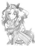  1girl animal_ears bare_shoulders hand_on_own_head highres horse_ears horse_girl horse_tail kezune_(i-_-i) king_halo_(umamusume) looking_at_viewer monochrome simple_background smile solo tail umamusume wavy_hair 