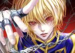  1boy blonde_hair chain crystal_earrings earrings eyelashes hair_between_eyes highres hunter_x_hunter jewelry kurapika long_sleeves looking_at_viewer male_focus multiple_rings nwocp parted_lips patterned_clothing portrait reaching_towards_viewer red_background red_eyes ring short_hair simple_background solo tabard 