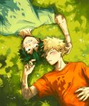  2boys blonde_hair blush boku_no_hero_academia closed_eyes commentary daniartonline english_commentary freckles grass green_eyes green_hair green_shirt hand_in_another&#039;s_hair highres lying male_focus multiple_boys on_back on_ground orange_shirt parted_lips scar scar_on_hand shirt short_hair short_sleeves spiked_hair t-shirt yaoi 
