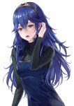  1girl ameno_(a_meno0) black_sweater blue_eyes blue_hair fire_emblem fire_emblem_awakening hair_between_eyes lips long_hair long_sleeves looking_at_viewer lucina_(fire_emblem) open_mouth pink_lips ribbed_sweater simple_background solo sweatdrop sweater teeth tiara tongue turtleneck turtleneck_sweater upper_teeth_only white_background 