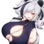  1girl absurdres animal_ears arknights black_dress black_hair blush breasts china_dress chinese_clothes cleavage cleavage_cutout clothing_cutout commentary dress english_commentary fang feater_(arknights) grey_hair hair_over_one_eye highres huge_breasts jacket looking_at_viewer medium_hair multicolored_hair off_shoulder open_clothes open_jacket open_mouth panda_ears panda_girl red_eyes rikuguma simple_background skin_fang sleeveless sleeveless_dress smirk solo thick_eyebrows twintails two-tone_hair upper_body white_background 